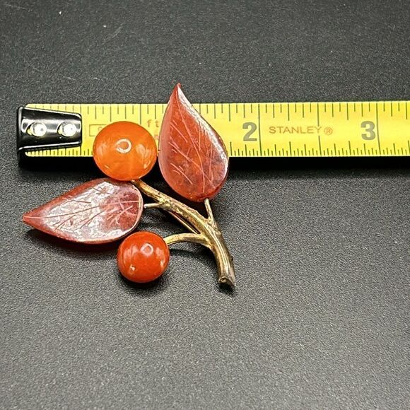 VTG Pressed Amber Leaves Deco Brooch Pin Gold Vermeil Sterling - Picture 4 of 6